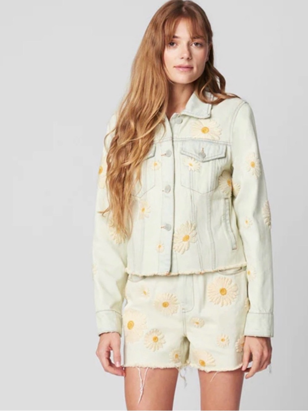 Blank NYC Cream Daisy Embroidered Denim Jacket